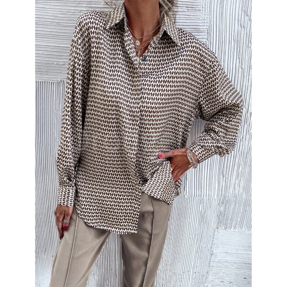 Satin All Over Print Button Down Shirt Oversized Tan Beige Brown Multicolor - Picture 7 of 16